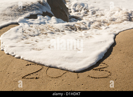 Concetto di calendario del 2013 scritto nella sabbia sulla spiaggia essendo coperte da surf e onde Foto Stock