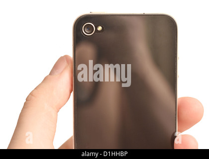 Mano azienda smartphone su bianco Foto Stock