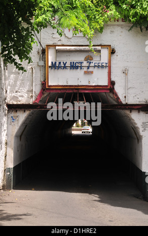 Ritratto Solare rami verdi, pareti bianche Sendall tunnel entrata (con auto lasciando estremità lontana), St George's, Grenada, West Indies Foto Stock