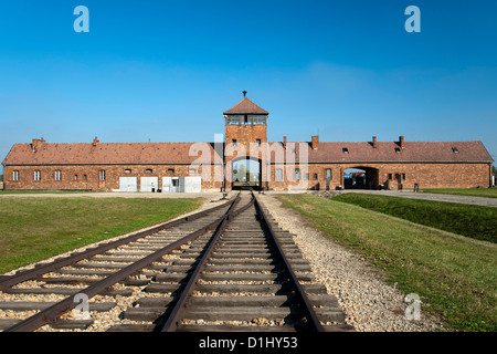 Ingresso dell'edificio e la linea ferroviaria del ex II DI AUSCHWITZ-BIRKENAU campo di concentramento in Polonia meridionale. Foto Stock