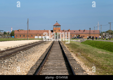 Ingresso dell'edificio e la linea ferroviaria del ex II DI AUSCHWITZ-BIRKENAU campo di concentramento in Polonia meridionale. Foto Stock