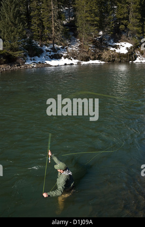 Pesca a mosca per trote steelhead su Oregon grande Ronde fiume in inverno. Foto Stock