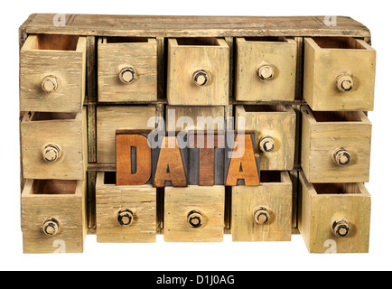 Lo storage dei dati concetto - parola di dati di stampa in rilievo vintage tipo legno e primitivo in legno rustico armadio con cassetti Foto Stock