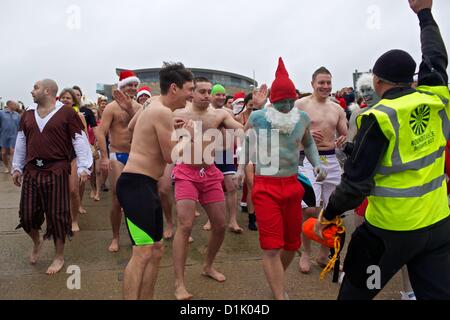 Bridport, Dorset, Regno Unito. Il 26 dicembre 2012. 120 partecipanti hanno preso parte all'ottavo "West Bay sguazzi" Foto Stock