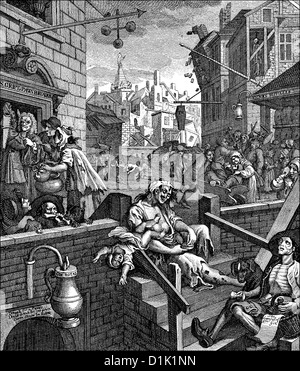 Il Gin Lane o di liquore vicolo, una caricatura, immagine simbolica sull alcolismo nel XVIII secolo in Inghilterra, da William Hogarth, 1697 - Foto Stock