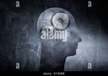 Immagine concettuale di una testata con ruota dentata ingranaggi come il cervello. Foto Stock