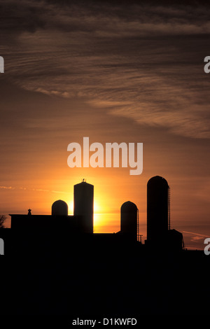 Sagome di edifici agricoli contro il cielo al tramonto. Sud di Minnesota, U.S.A. Molla. Foto Stock