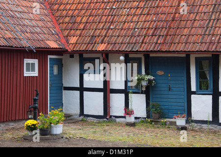 Tradizionale casa colonica e pompa acqua, Skåne, Svezia e Scandinavia Foto Stock