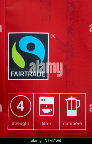 Fairtrade logo e dettagli sulla scatola di caffè Foto Stock