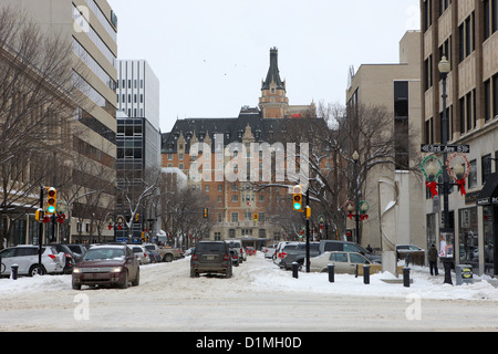 Coperta di neve downtown Saskatoon Saskatchewan Canada Foto Stock