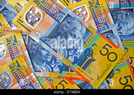 Australia di plastica colorata da cinquanta dollari note Foto Stock