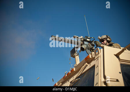 Una forza di coalizione stati incendi il Mark 44 minigun durante il live fire training su una base nella provincia di Farah, Afghanistan, Dic 29, 2012. Le forze della coalizione di conduzione del training vengono distribuiti al treno e mentore forze di sicurezza nazionali afgane nella loro area di operazioni. Forze di sicurezza nazionali afgane sono state prendendo il filo nelle operazioni di protezione, con le forze della coalizione hanno come guide, per portare la sicurezza e la stabilità al popolo della Repubblica islamica dell'Afghanistan.U.S. Marine Corps photo Foto Stock