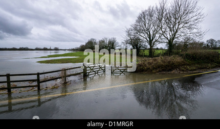 Una vista dal ponte di Lacock attraverso campi allagati a causa del Fiume Avon scoppiare le sue banche in heavy rain Foto Stock