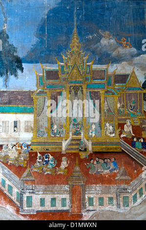 I murali di scene di Khmer (Reamker) versione del classico epico indiano Ramayana, Royal Palace, Phnom Penh Cambogia Foto Stock