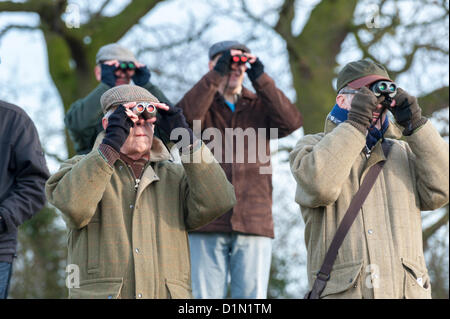 Spettatori assistere alla gara del Cambridgeshire Harriers Hunt Club punto-punto gare di Cottenham, Cambridgeshire 30 dicembre 2012. Finalmente è uscito il sole per i frequentatori di gara in una pausa dal cupo wet weather che ha afflitto il periodo natalizio. Una grande folla ha partecipato alla manifestazione tradizionale con una voce di 216 cavalli, uno dei più grandi campi per un decennio. Foto Stock