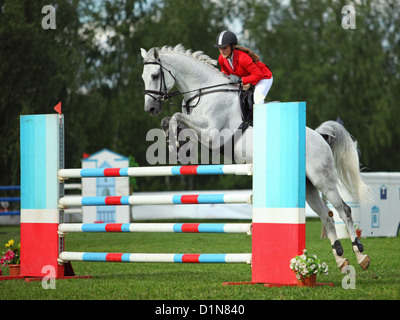 Rider salta sul cavallo su barriera Foto Stock