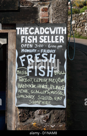 Un segno pubblicità pesce in vendita in Cadgwith, Cornwall. Foto Stock