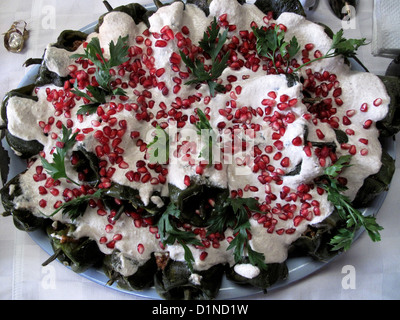 La cena di Chiles en Nogada (peperoncino in salsa di noci), un tradizionale piatto messicano, in una casa di città del Messico, Messico Foto Stock