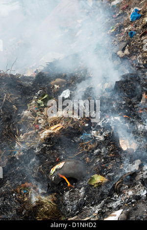 Rifiuti domestici vengono bruciate sul ciglio della strada in India Foto Stock