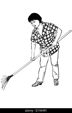 Un schizzo di donna di agricoltore con rastrelli in mani Foto Stock