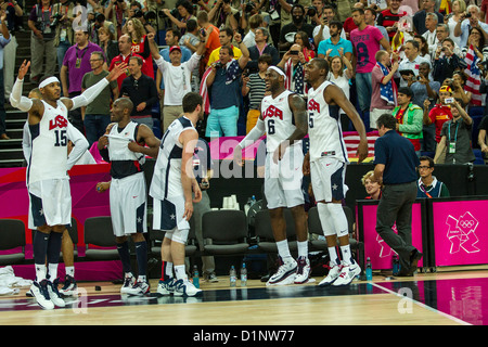 Stati Uniti d'America sconfitte in Spagna la medaglia d oro di pallacanestro degli uomini di gioco presso le Olimpiadi estive di Londra, 2012 Foto Stock