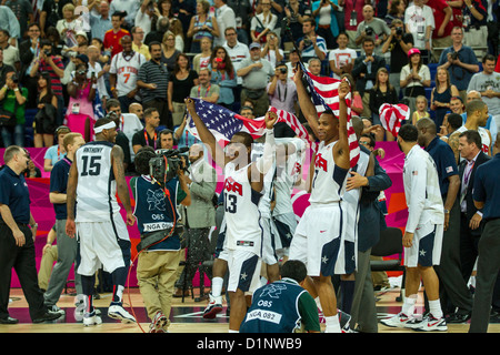 Stati Uniti d'America sconfitte in Spagna la medaglia d oro di pallacanestro degli uomini di gioco presso le Olimpiadi estive di Londra, 2012 Foto Stock