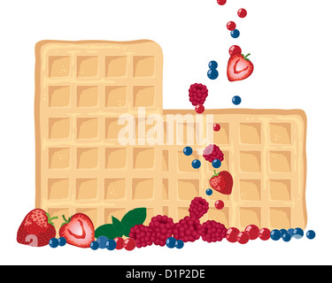 Una illustrazione di un due cialde fresche con una varietà di frutta estiva tumbling dall'alto isolato su uno sfondo bianco Foto Stock