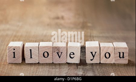 Messaggio ti amo scritto in blocchi di legno con spazio di copia Foto Stock