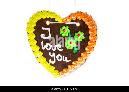 Gingerbread cuore dicendo: Ti amo. Foto Stock