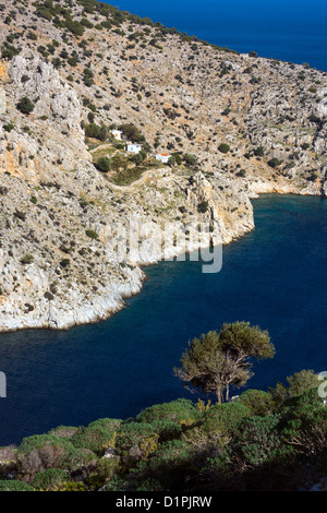 La piccola cappella con alberi da mare, Vathi, Kalymnos, Grecia Foto Stock