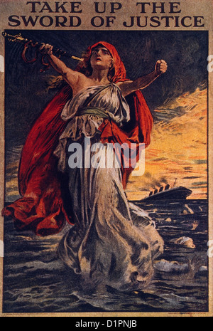 Prendere la spada della giustizia, guerra britannico Poster relativi al naufragio del RMS Lusitania da un U-boat tedesca, 1915 Foto Stock