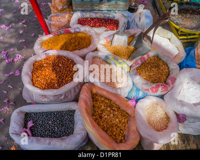 Rinfusa i fagioli secchi, semi e noci sul display in grandi sacchi di plastica in un mercato pubblico nella città di Asunción, Paraguay. Foto Stock