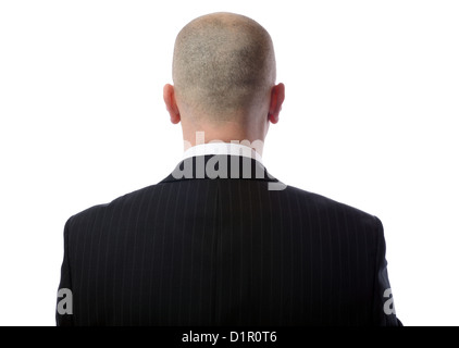 Vista posteriore del uomo calvo indossare tuta su sfondo bianco Foto Stock