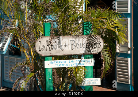 Primo piano del ristorante, bar e gelaterie segno, Gustavia, Saint-Barthelemy Foto Stock