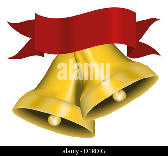 Illustrazione di Golden Natale Jingle Bells con nastro rosso - Isolato su sfondo bianco Foto Stock