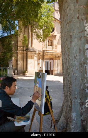 La pittura dell'artista di scena a Saint Paul de Mausole - l'asilo dove Van Gogh è stata trattata 1889-1890, Saint Remy de Provence, Francia Foto Stock