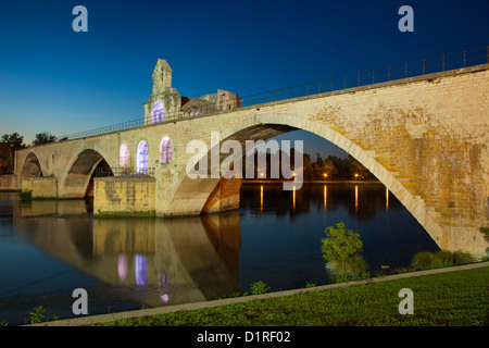 Pont Saint Benezet e la Chapelle Saint Nicholas (XII C) oltre il Fiume Rodano ad Avignone, Bouches-du-Rhone, Provenza Francia Foto Stock