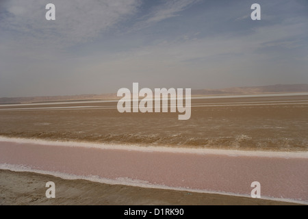 Vista dalla Causeway e la strada che attraversa il Chott El Jerid Salt Lake da Tozeur a Tebili nel deserto del Sahara in Tunisia Foto Stock