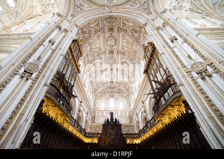 Cattedrale Mezquita interno a Cordoba, Andalusia, vault lunetta sopra il mogano coro. Foto Stock