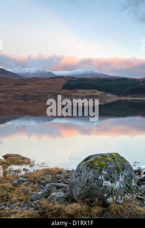 Coperte di muschio boulder sulle rive di Loch Tulla Bridge of Orchy Scozia Scotland Foto Stock