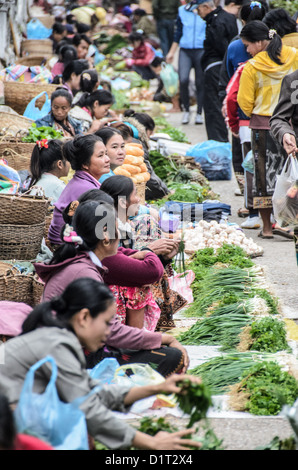 LUANG PRABANG, Laos: Una gamma di prodotti freschi colorati in mostra al mercato mattutino di Luang Prabang, Laos. I venditori locali offrono una varietà di frutta, verdura ed erbe aromatiche, mettendo in mostra la ricchezza agricola della regione e giocando un ruolo vitale nella vita quotidiana e nella cultura culinaria della città. Foto Stock