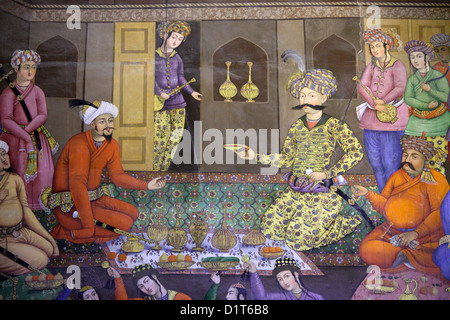 Affresco di Chehel Sotoun palace che mostra il gruppo di ricezione di Shah Abbas per Vali Mohammad Khan, Isfahan, Iran Foto Stock