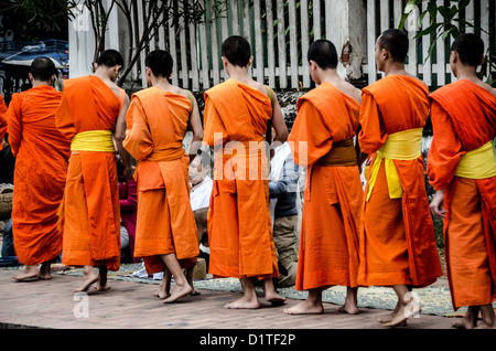 LUANG PRABANG, Laos: Monaci buddisti e novizi in luccicanti accappatoi di zafferano camminano in un unico file per le strade di Luang Prabang durante la cerimonia di consegna delle elemosine del mattino presto nota come tak bat. La gente del posto e i turisti si allineano lungo il percorso, offrendo cibo in questo rituale quotidiano che è centrale per la tradizione buddista del Laos. Foto Stock