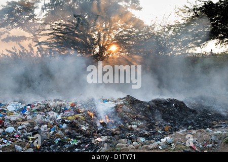 Rifiuti domestici vengono bruciate sul ciglio della strada. Andhra Pradesh, India Foto Stock