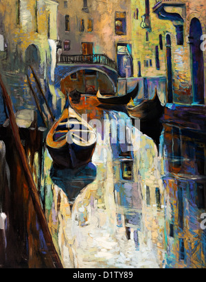 Olio originale pittura della splendida Venezia, Italia.gondole e case su tela.Impressionismo moderno Foto Stock