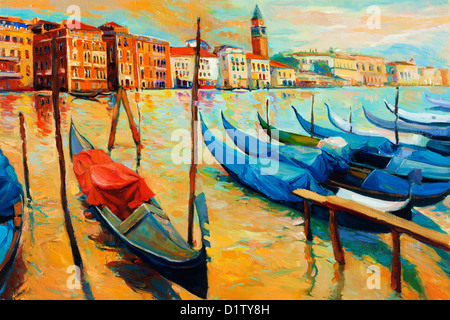 Olio originale pittura della splendida Venezia, Italia sul tramonto.gondole e case su tela.Impressionismo moderno Foto Stock