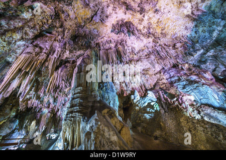 Grotte di Nerja. Gallerie illuminate di formazioni calcaree. Stalattiti scendere drasticamente da la grotta del tetto. Foto Stock