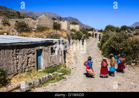 Scena di vita dei contadini, sulla strada, nella valle del Canyon del Colca vicino alla città di Chivay Foto Stock