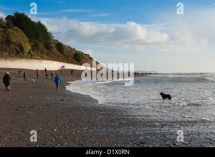 Walkers sul Seaton beach nel sud est di Cornwall Regno Unito in inverno Foto Stock