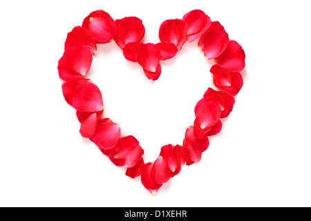 Vista dall'alto di petali rossi di rosa disposti a forma di cuore su sfondo  bianco con spazio per la copia Foto stock - Alamy